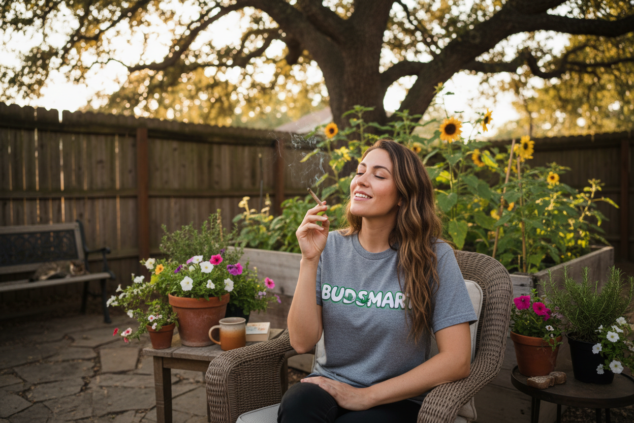Cute lady with BUDSMART tee shirt enjoying a marijuana cigarette in her backyard 